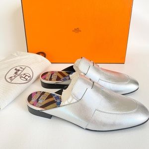 HERMES H CATENA SILVER LEATHER MULES FLIP FLOPS SHOES FLAT SLIDES 36